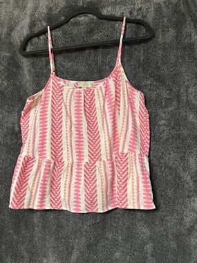 LOFT Pink and Cream Geometric Spaghetti Strap Peplum Tank